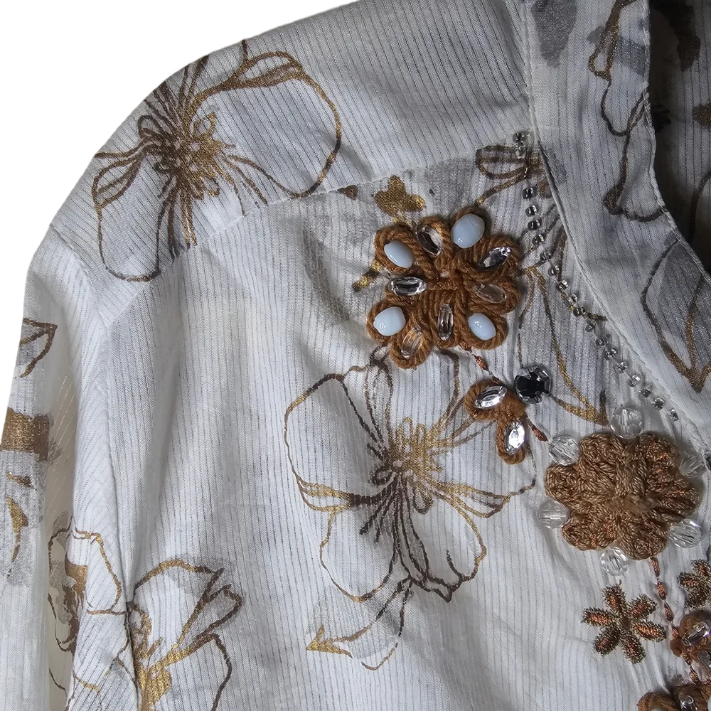 Charter Club women's bright white /brown floral embroidered v-neck top size 20 - Picture 4 of 9